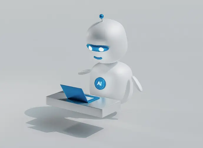 a white robot with blue eyes and a laptop